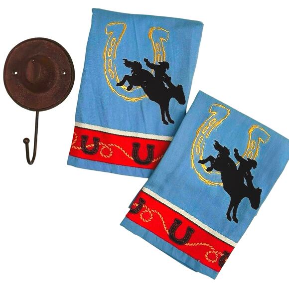 Western Cowboy Kitchen Towel Set of 2 Rustic and Cast Iron Hat Hook Rodeo Decor - Picture 1 of 7